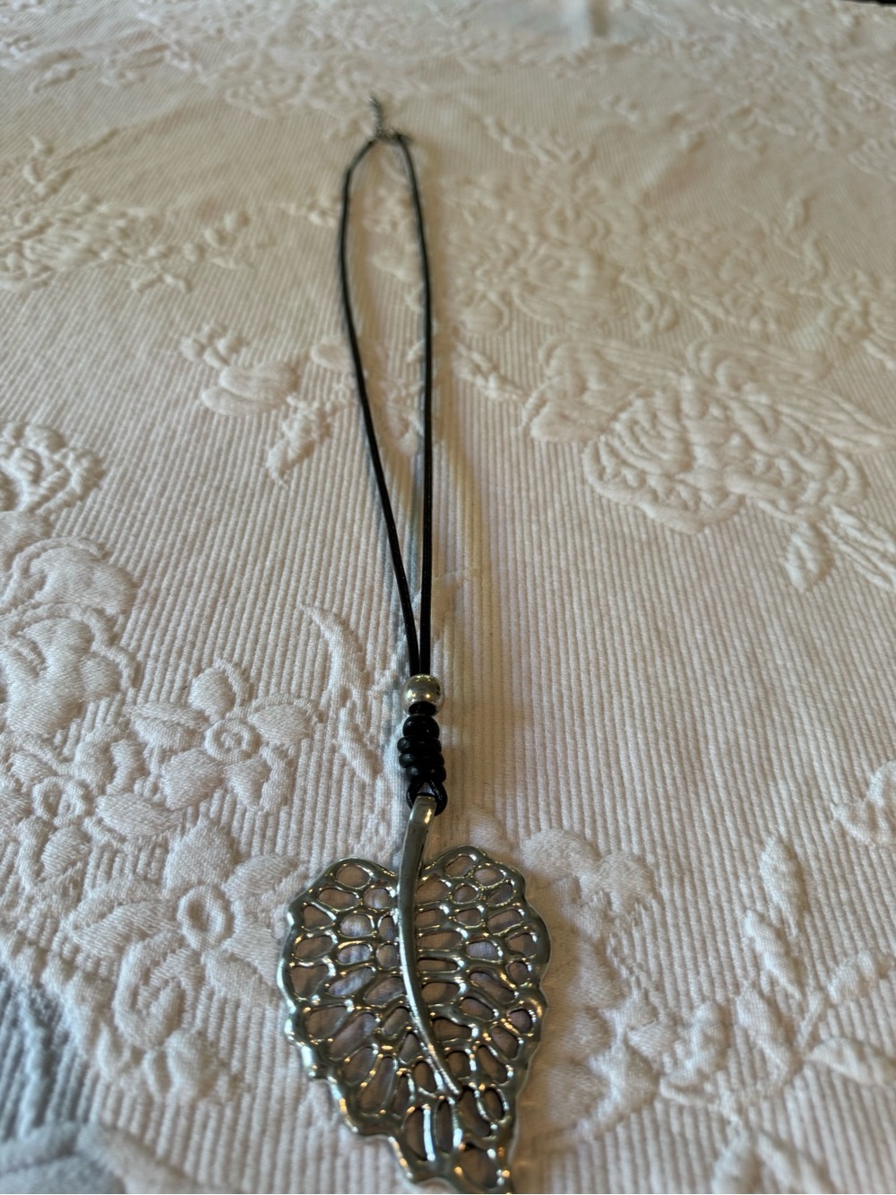 Silver Leaf Pendant on Black Cord Necklace